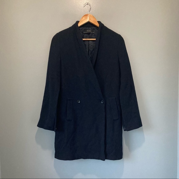 Zara Split-Sleeve Navy Blue Wool Blend Double Breasted Crossover Coat - Picture 3 of 15